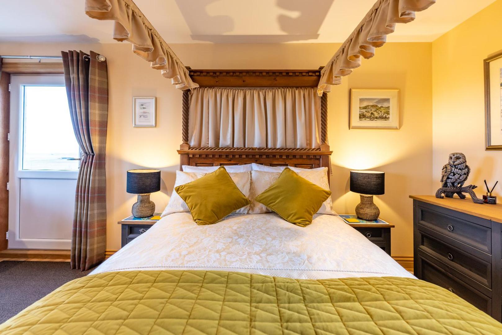 Double bed with mustard throw